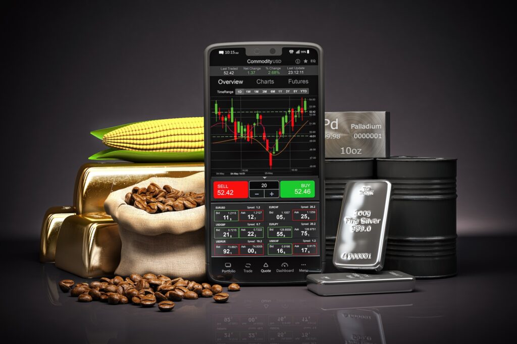 Mobile phone with commodities. Stock exchange market trading platform on the screen of smartphone .